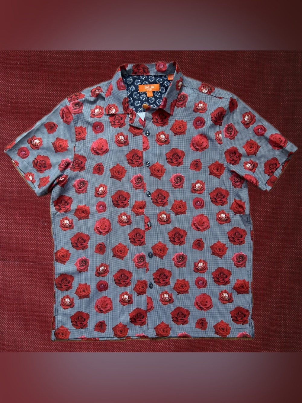 TALLIA Sport Red Rose Print Short Sleeve Button-Up Shirt Blue Houndstooth Size L